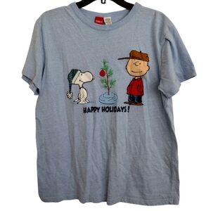 Peanuts Light Blue Holiday T-Shirt Charlie Brown Snoopy Christmas Size Large